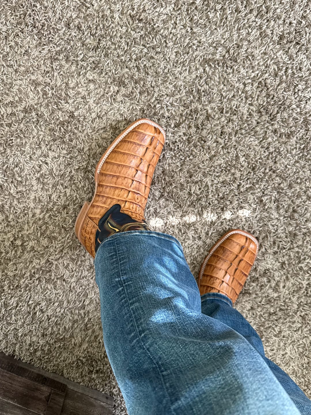 Customer photo review of R.Watson® Men's Saddle Hornback Caiman Tail Square Toe Boots RW3010-2
