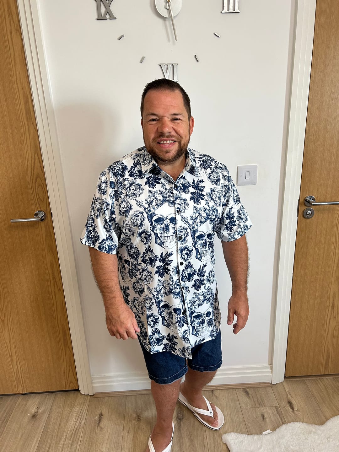 Customer photo review of Men's Punk Rock Crown Floral Skull Print Short Sleeve Shirt