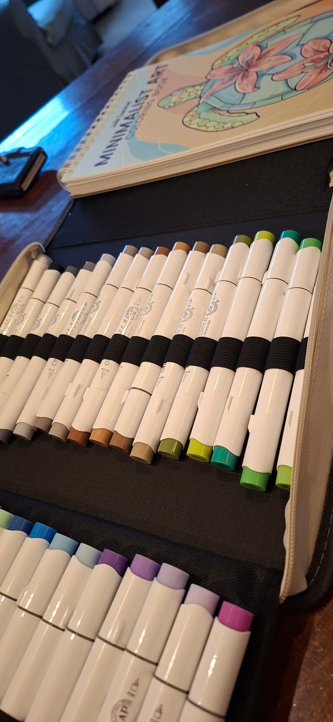 Customer photo review of Ohuhu x Jade Summer Alcohol Markers & Coloring Book Set, 47 Colors + 1 Colorless Blender, Honolulu B, Brush & Fine Dual Tips