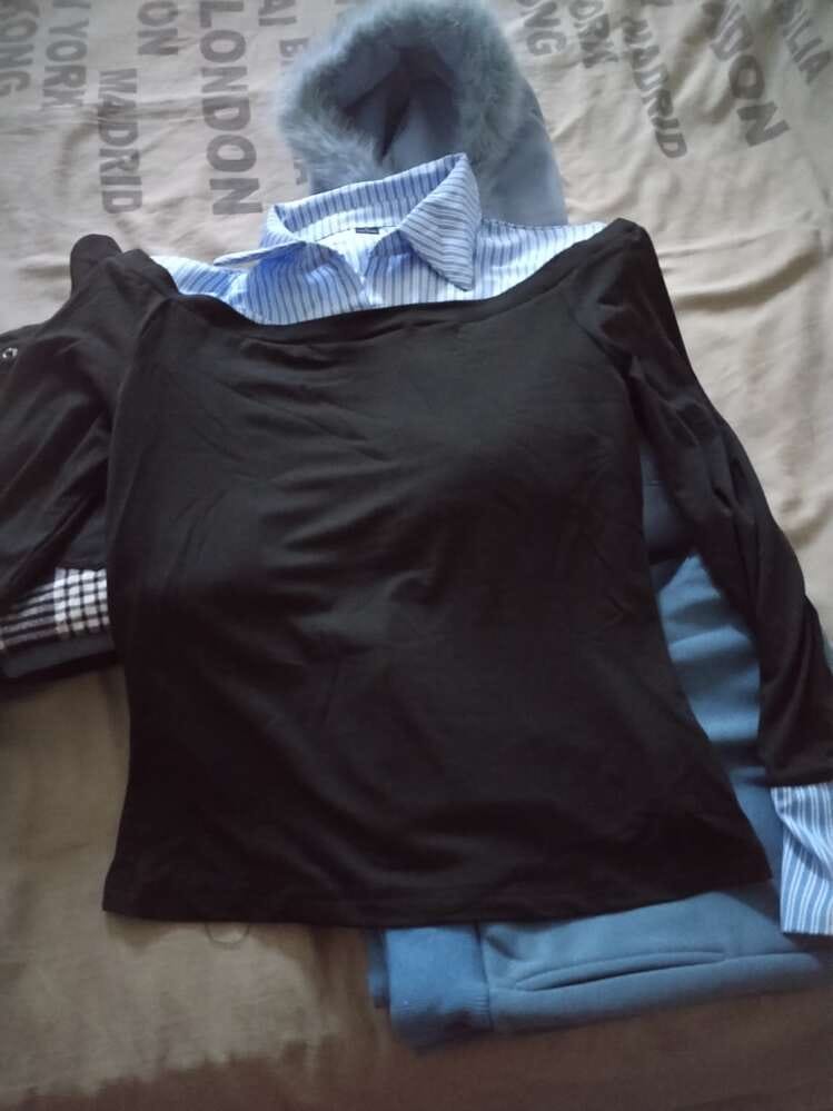 Customer photo review of Ninonine "Geneva" | Layered Two-Tone Polo Knit Top