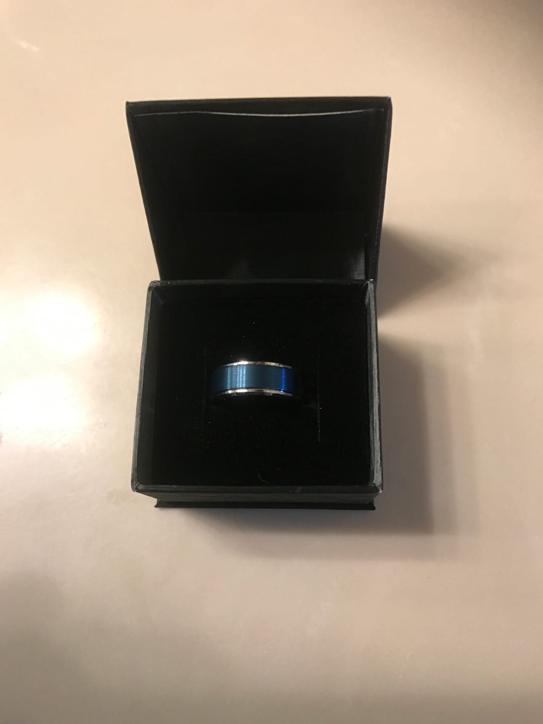 Customer photo review of LINARD | Brushed Deep Blue Tungsten Silver Stepped Edge Wedding Ring 8mm