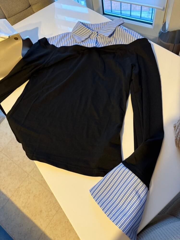 Customer photo review of Ninonine "Geneva" | Layered Two-Tone Polo Knit Top
