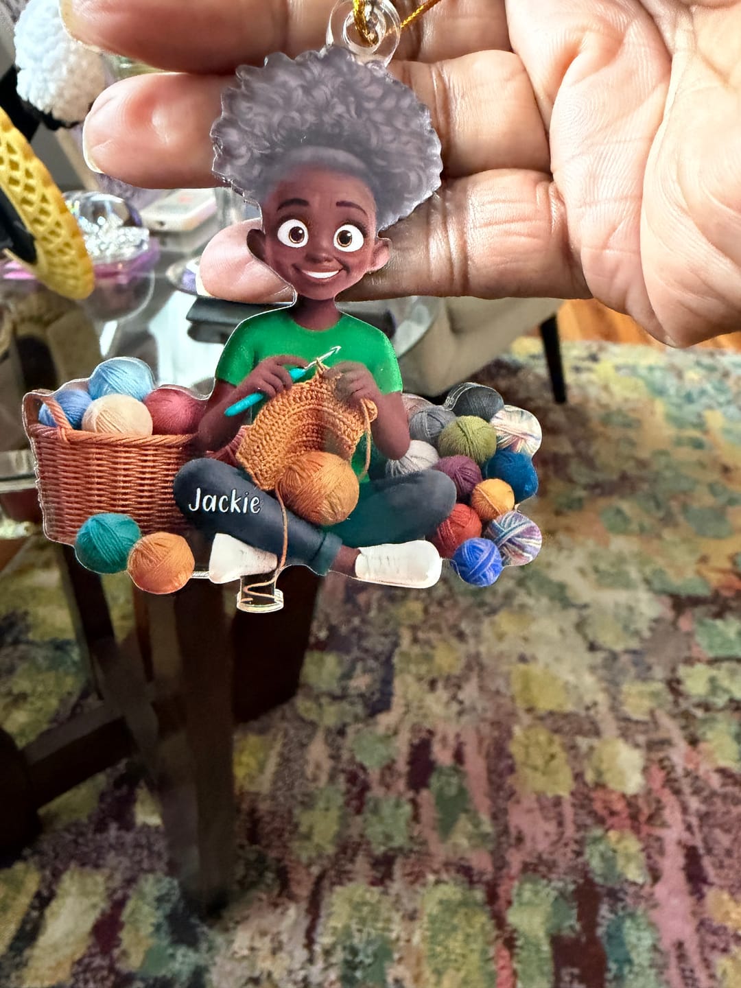 Customer photo review of Personalized Acrylic Car Ornament - Cartoon Crochet Knitting Girl Hobby Keepsake