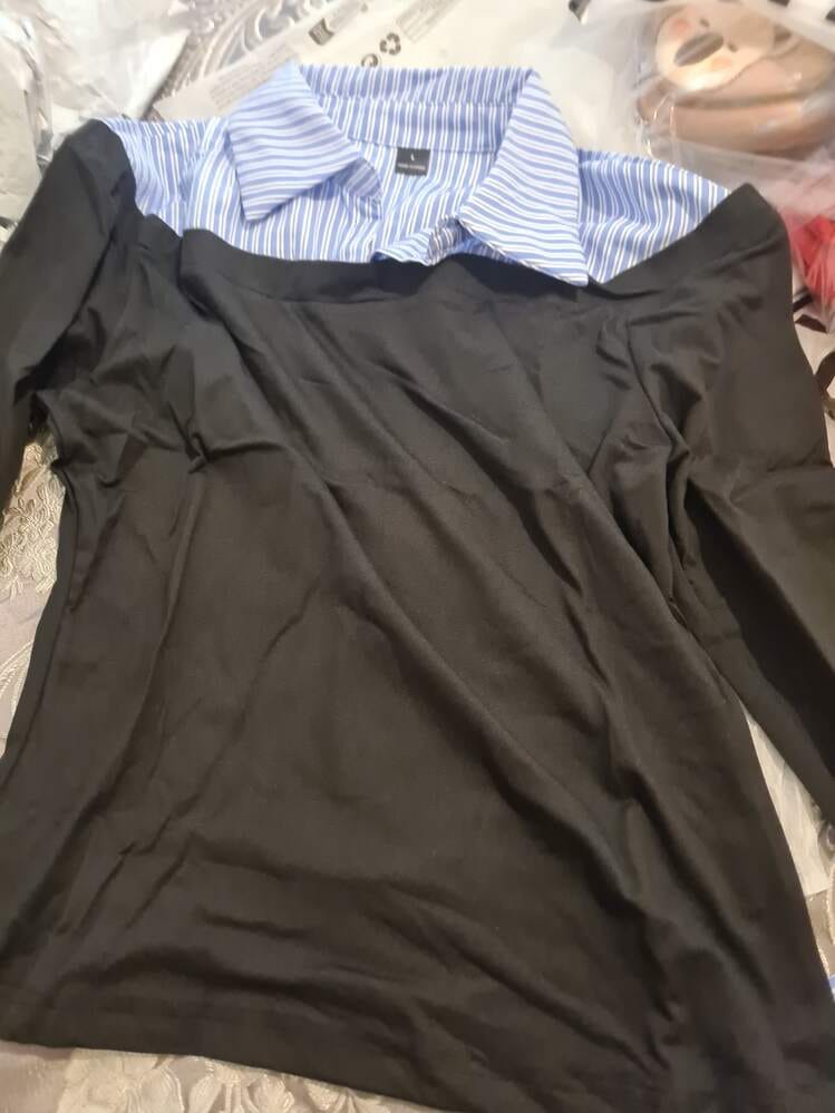 Customer photo review of Ninonine "Geneva" | Layered Two-Tone Polo Knit Top