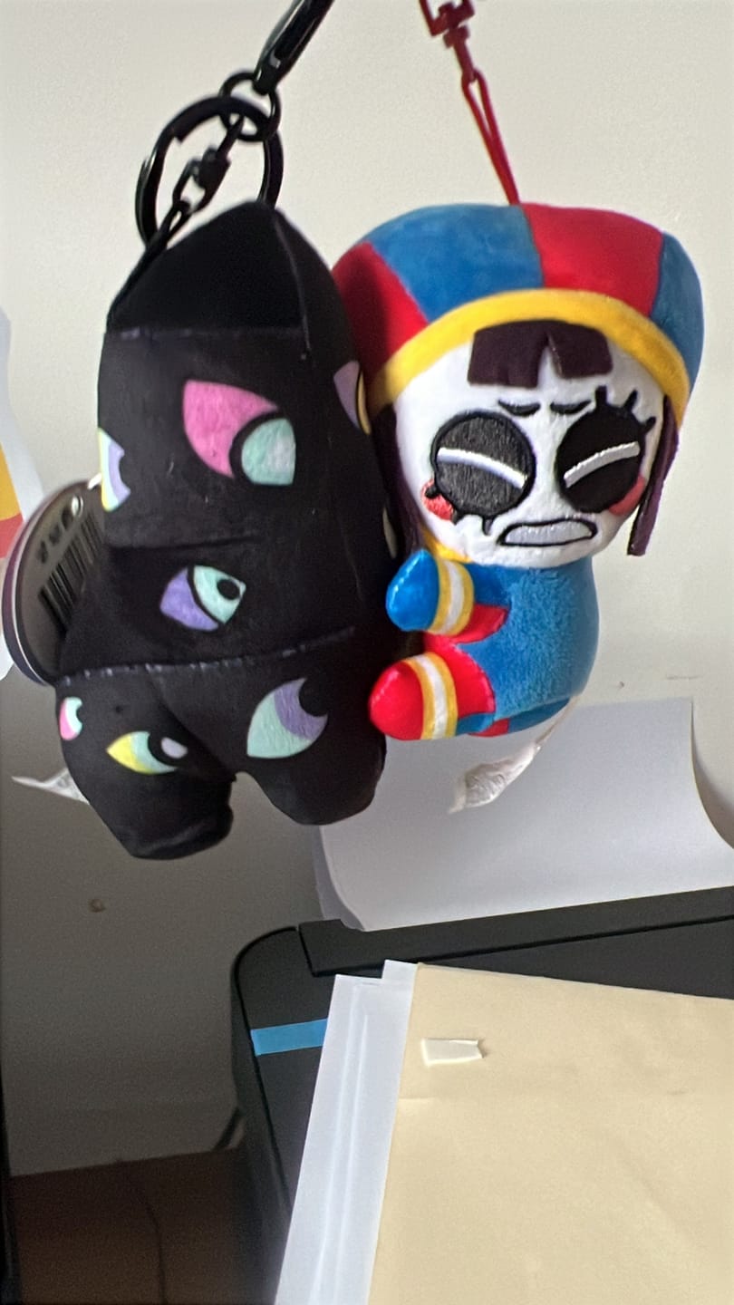 Customer photo review of Pomni & Abstraction Magnetic Plush Keychains