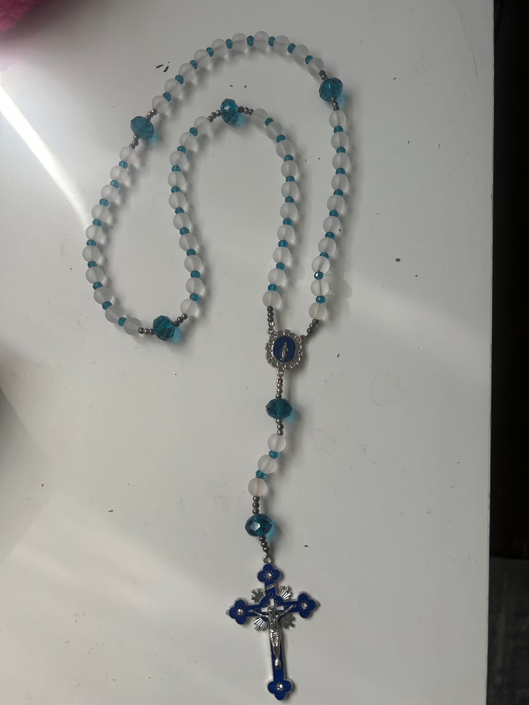 Customer photo review of FREE TODAY: Ocean-Blue Style Frosted White Glass Rosary with Crucifix and Our Lady
