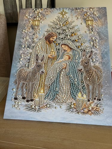 Customer's completed Personalized 3D Pearl Art Holy Night Nativity canvas with sparkling beaded characters.