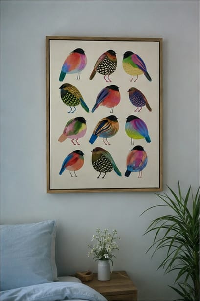 Customer photo review of Colorful Bird Canvas Wall Art – Whimsical Folk Art Bird Painting