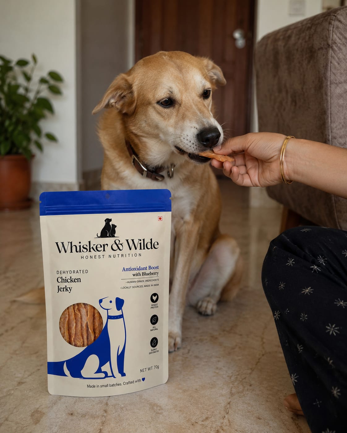 Customer photo review of Dehydrated Chicken Jerky – Blueberry (Dog)