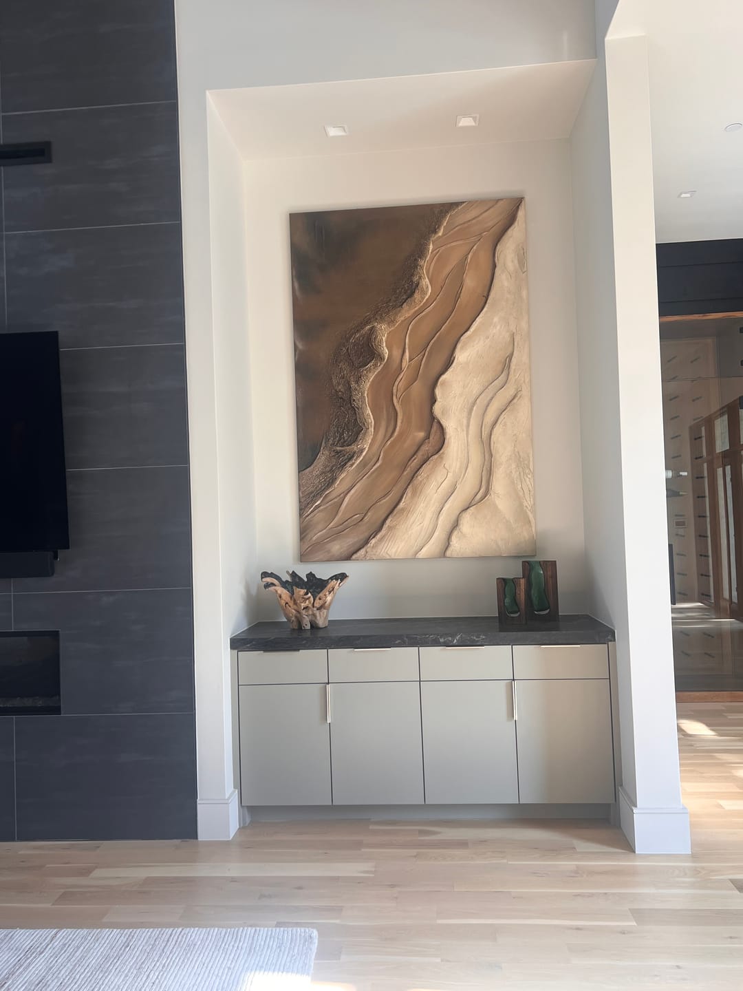 Customer photo review of Earthly Tides-Textured Abstract Vertical Oil Painting in Earth Tones