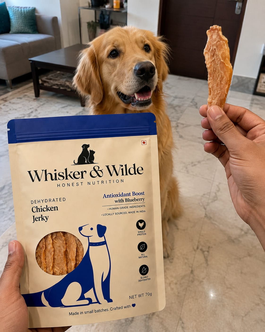 Customer photo review of Dehydrated Chicken Jerky – Blueberry (Dog)