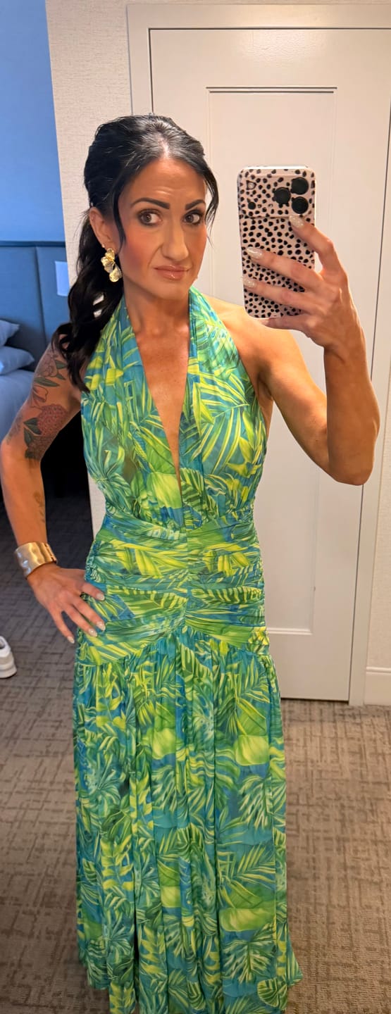 Customer photo review of Capri Halter Tropical Print Maxi Dress - Lime Green