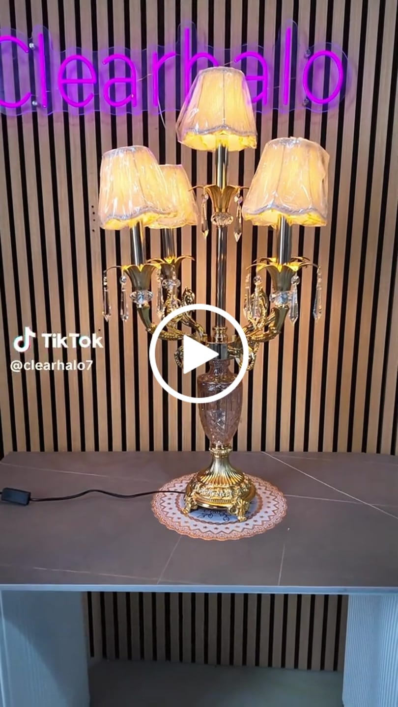 Customer video review of 5 Bulbs Crystal Spears Table Light Traditional Gold Candlestick Parlor Nightstand Lamp with/without Fabric Bell Shade