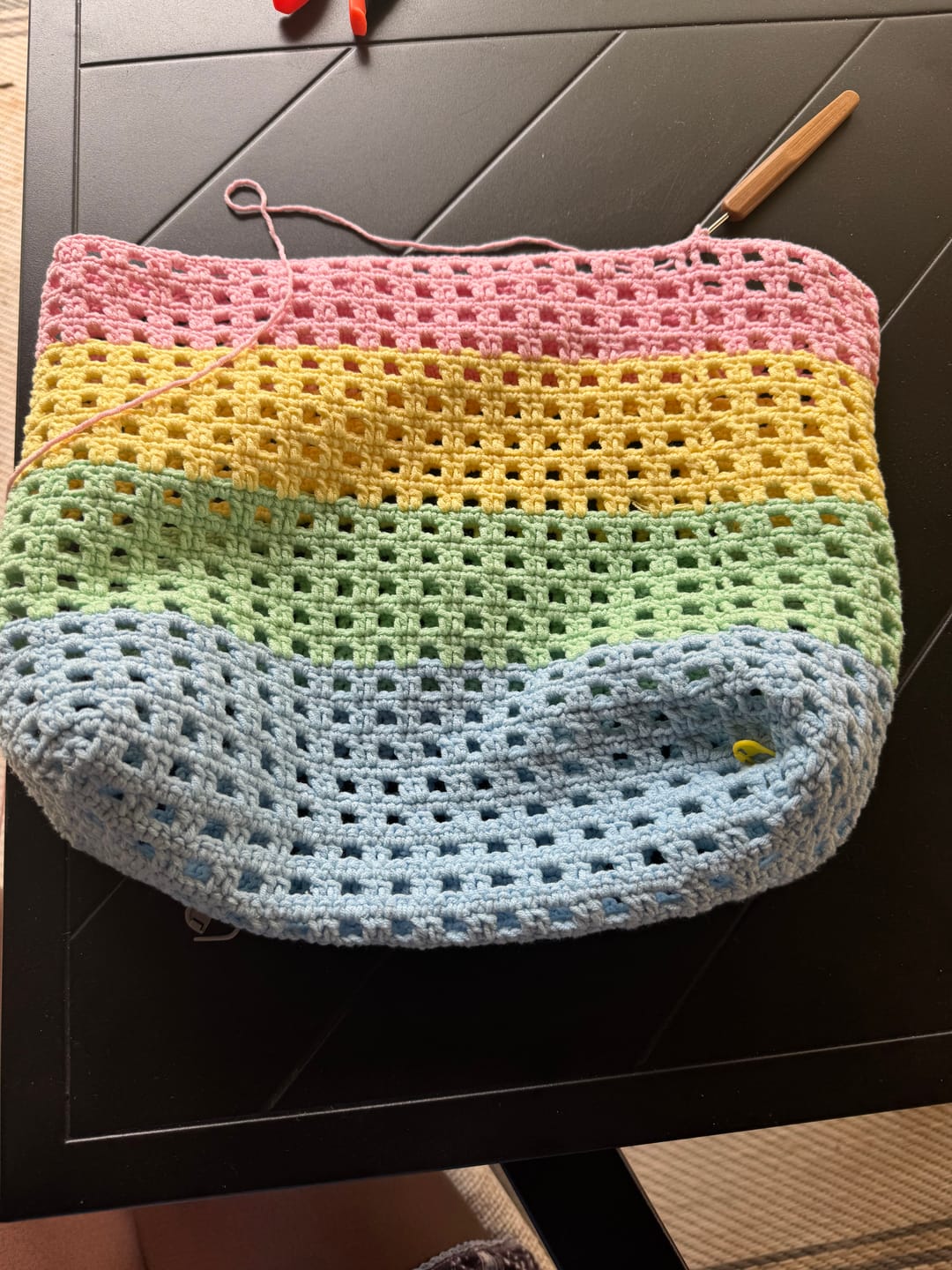 Customer photo review of Rainbow Waffle Tote crochet kit