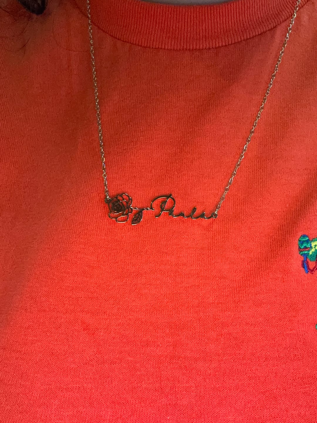 Customer photo review of Birth Flower Horizontal Name Necklace