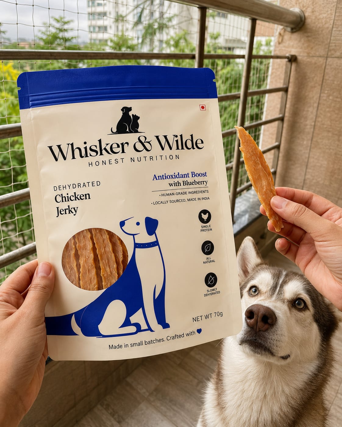 Customer photo review of Dehydrated Chicken Jerky – Blueberry (Dog)