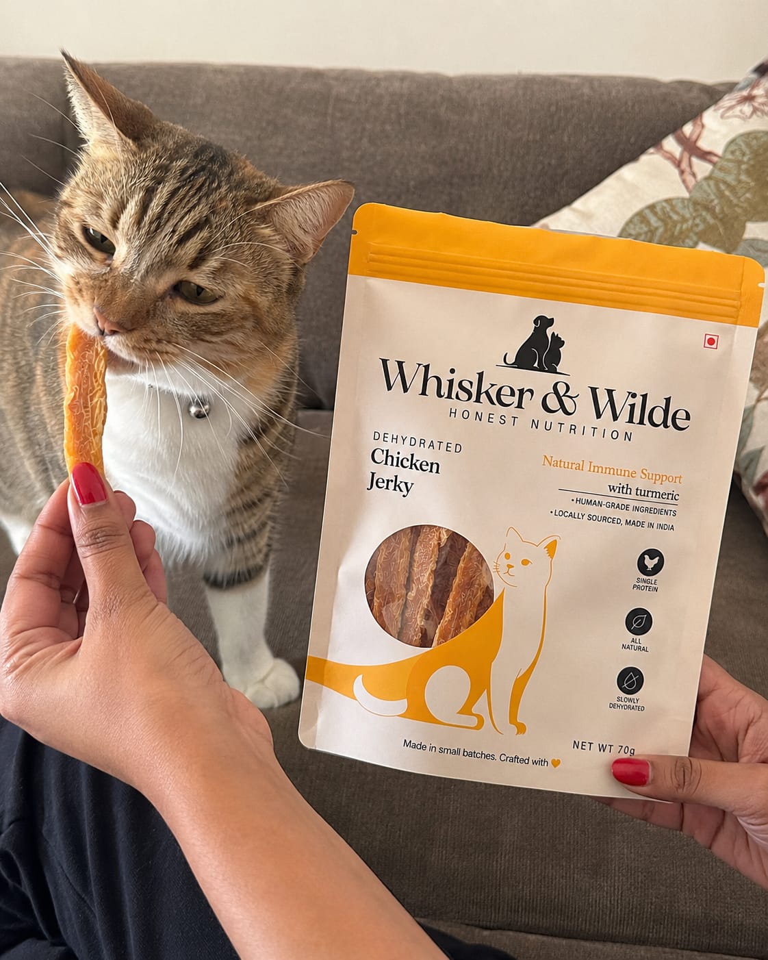 Customer photo review of Dehydrated Chicken Jerky – Turmeric (Cat)