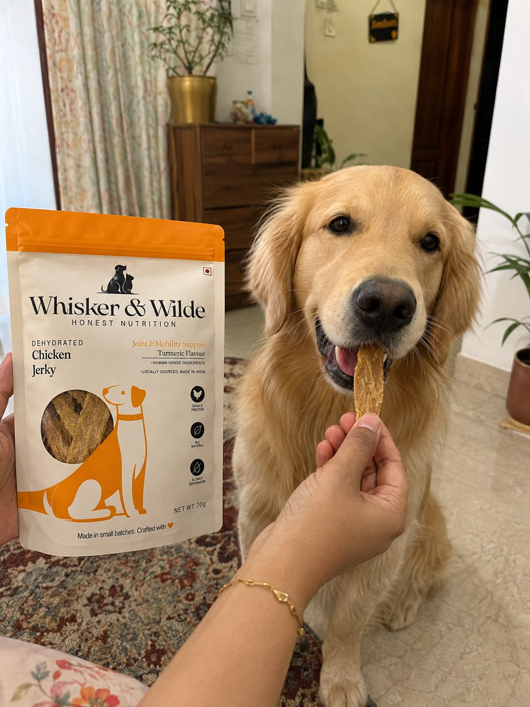 Customer photo review of Dehydrated Chicken Jerky – Turmeric (Dog)