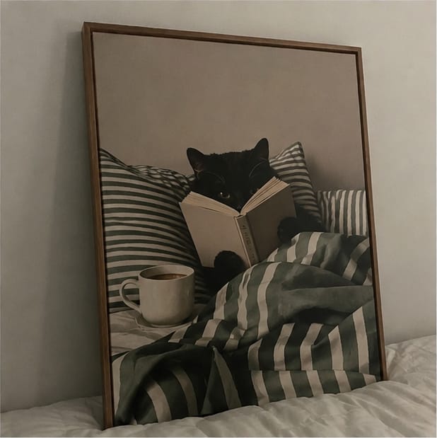 Customer photo review of Black Cat Reading in Bed Canvas Wall Art