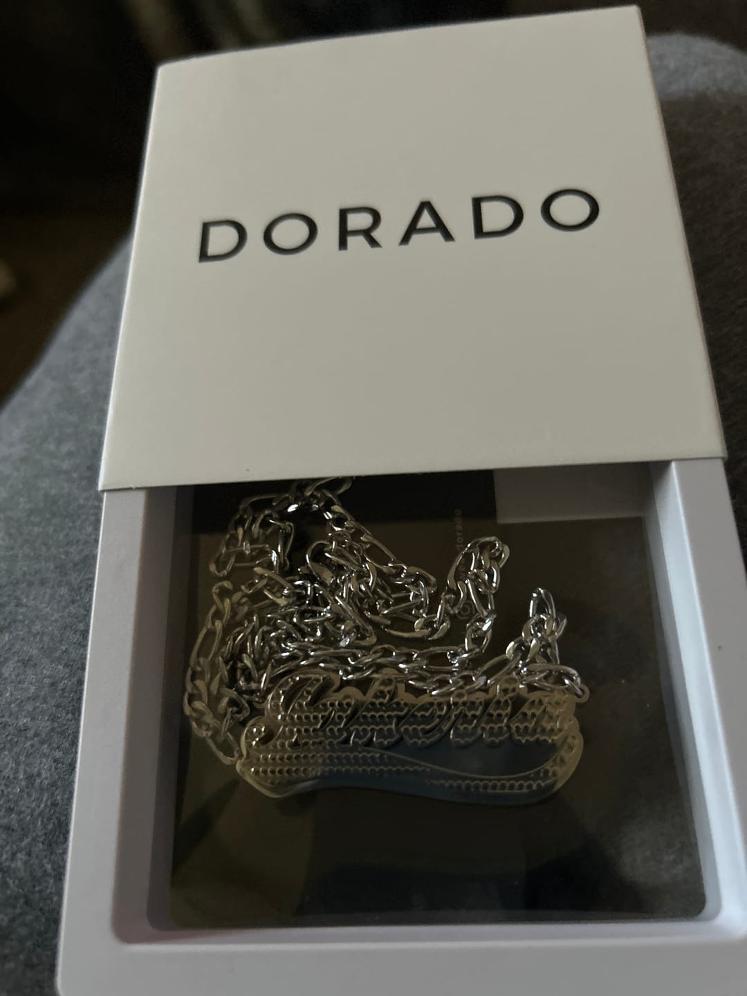 Customer photo review of Double Plated Swiped Name Necklace w/ Figaro Chain