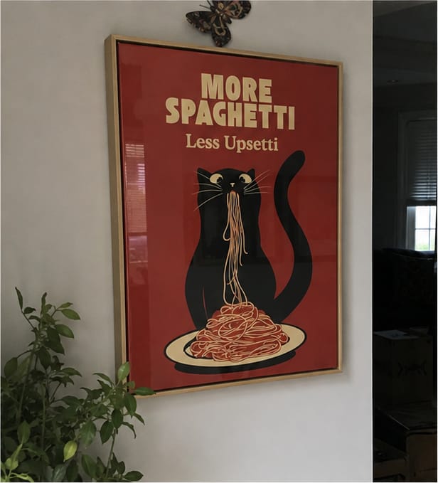 Customer photo review of Black Cat Eating Spaghetti Canvas Wall Art