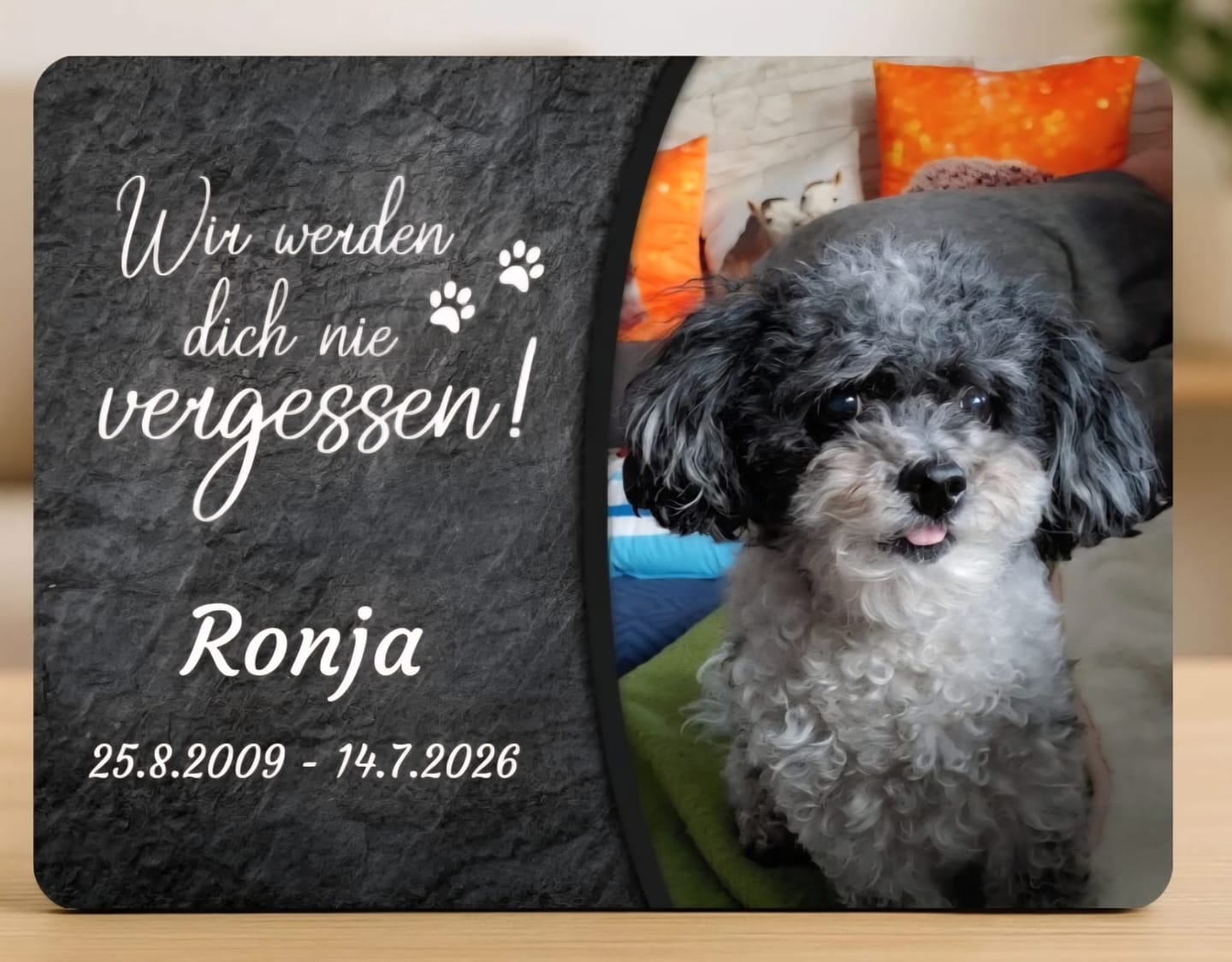 Customer photo review of Hunde Gedenktafel mit Foto & Spruch (UV- &  Wetterfest)