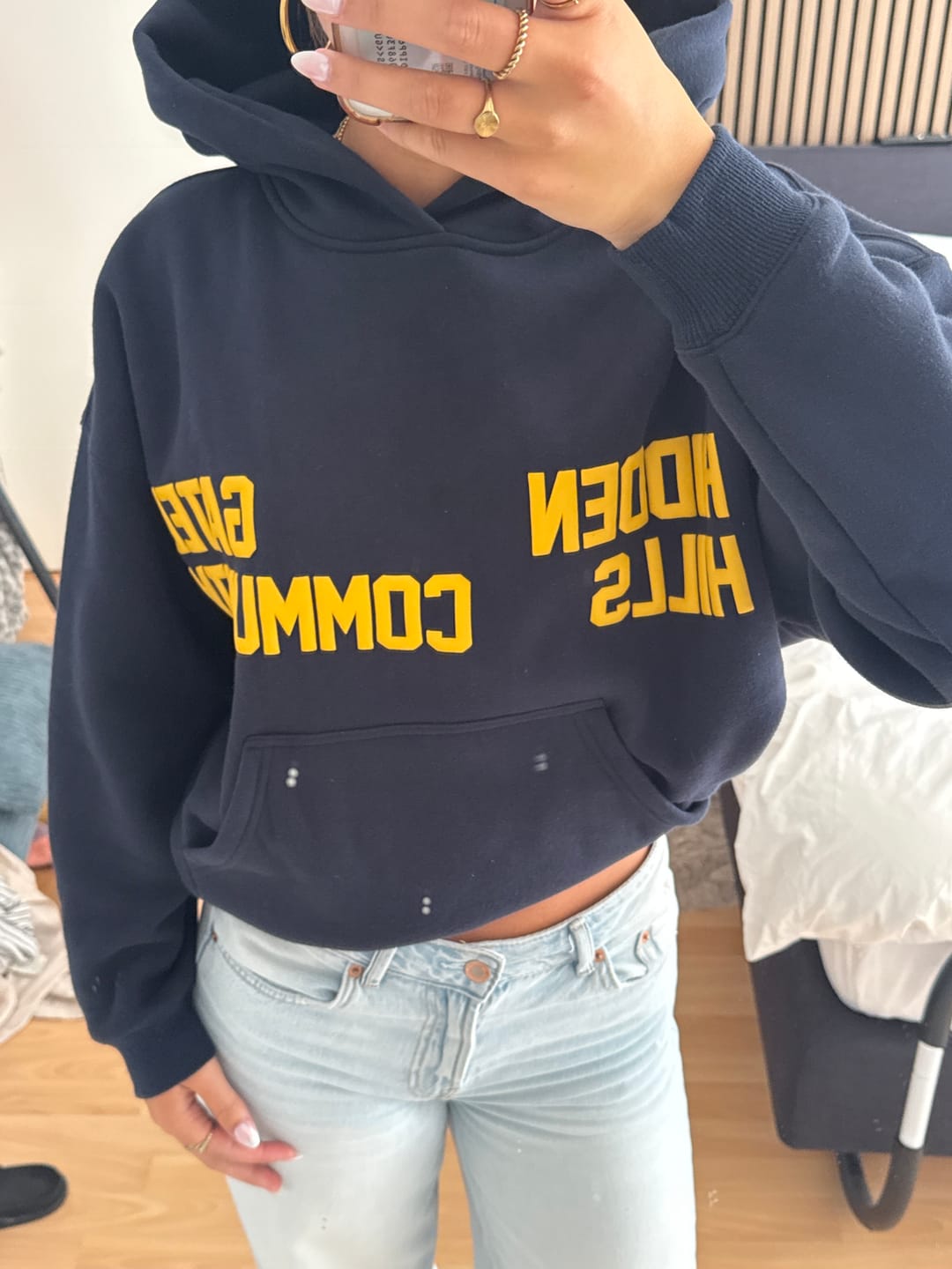 Customer photo review of GATED COMMUNITY HOODIE AMBER/NAVY