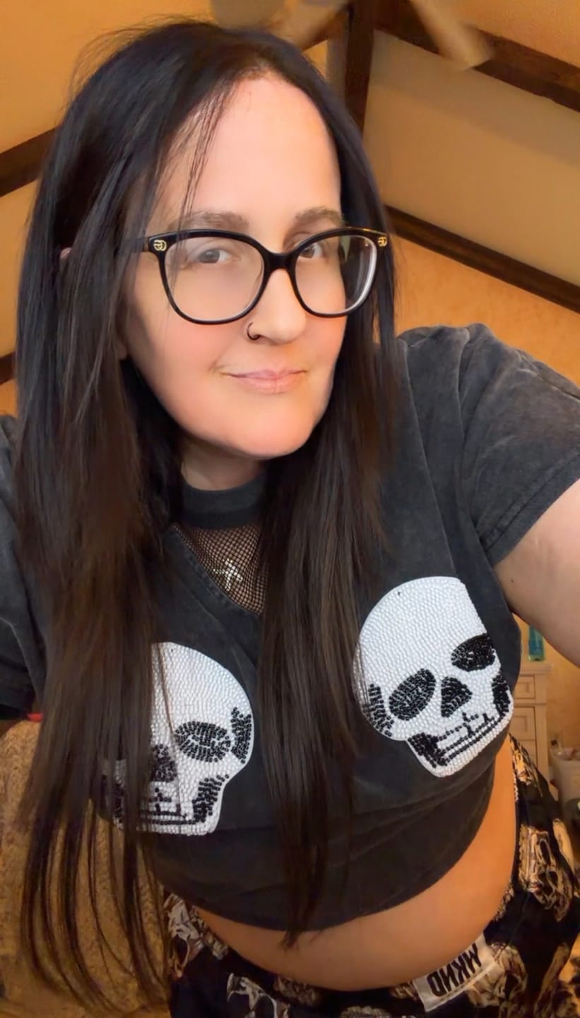 Customer photo review of Double Trouble Beaded Skull Tee