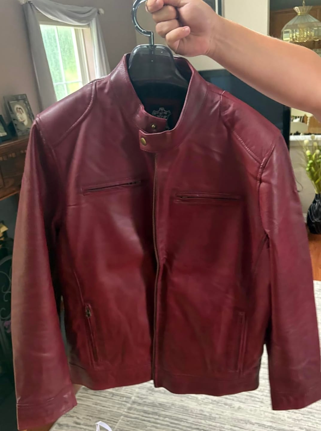 Customer photo review of Dodge Men’s Burgundy Leather Jacket | Biker Style