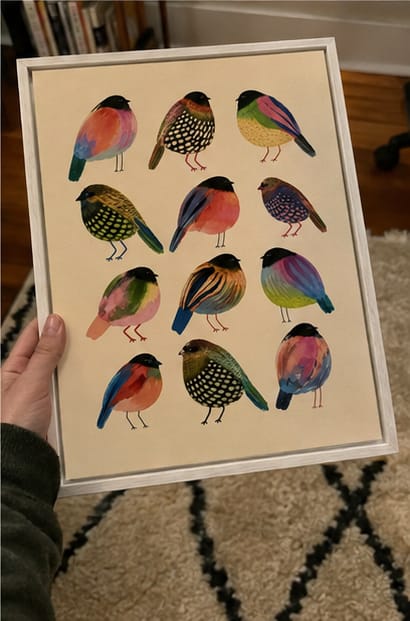 Customer photo review of Colorful Bird Canvas Wall Art – Whimsical Folk Art Bird Painting