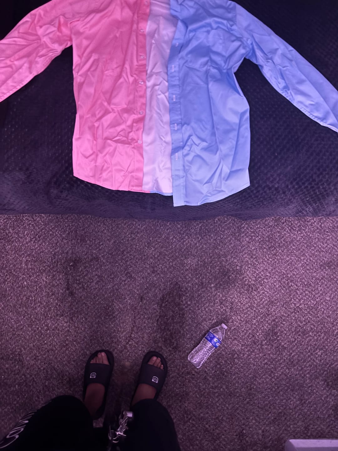 Customer photo review of Half Pink Half Baby Blue Men Button Up Shirt, Long Sleeve Color Block Split Two Tone Combo Print Buttoned Collared Dress Shirt Chest Pocket