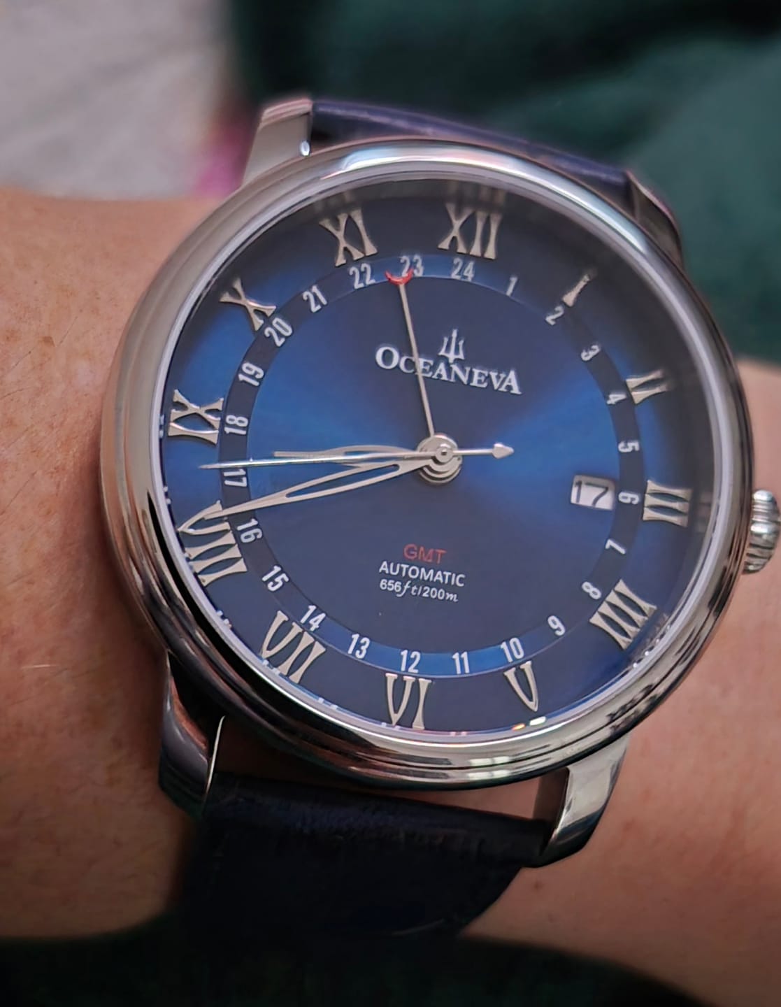 Customer photo review of Oceaneva Men's OceanTrek GMT Automatic 200m Leather Watch Blue