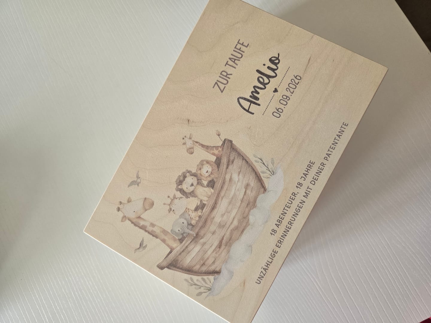 Customer photo review of Personalized keepsake box with name & date - Noah's Ark Animals - Wooden box - Keepsake box for baptism, communion, confirmation - Gift box
