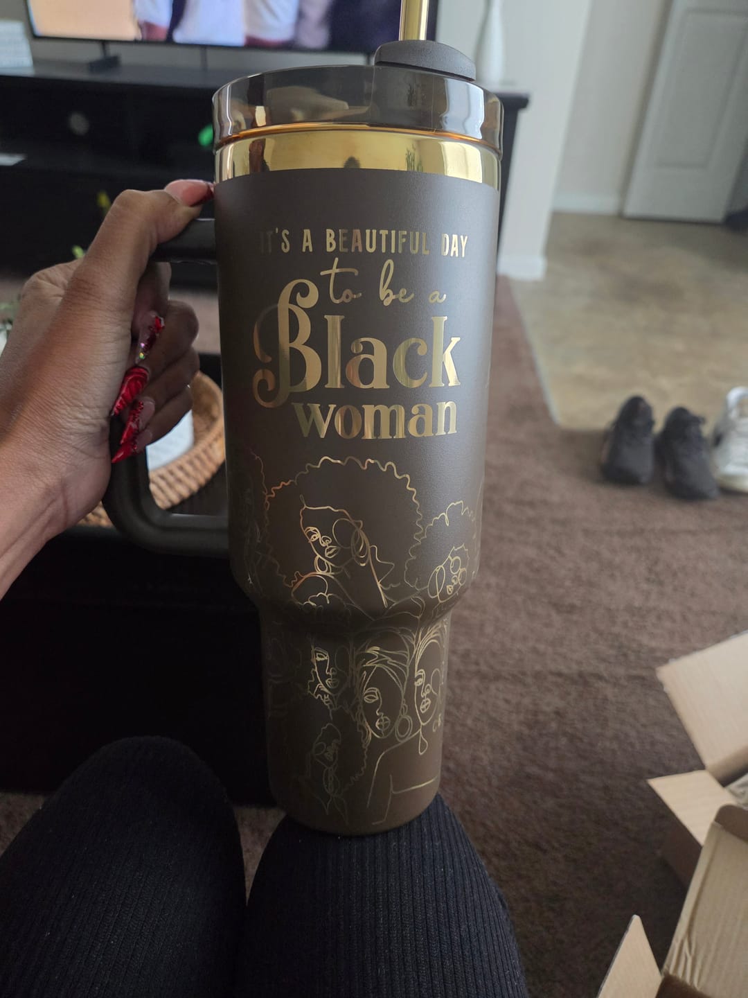 Customer photo review of "Brown Sugar" FlowSip™ Insulated Tumbler – It's a Beautiful Day to Be a Black Woman