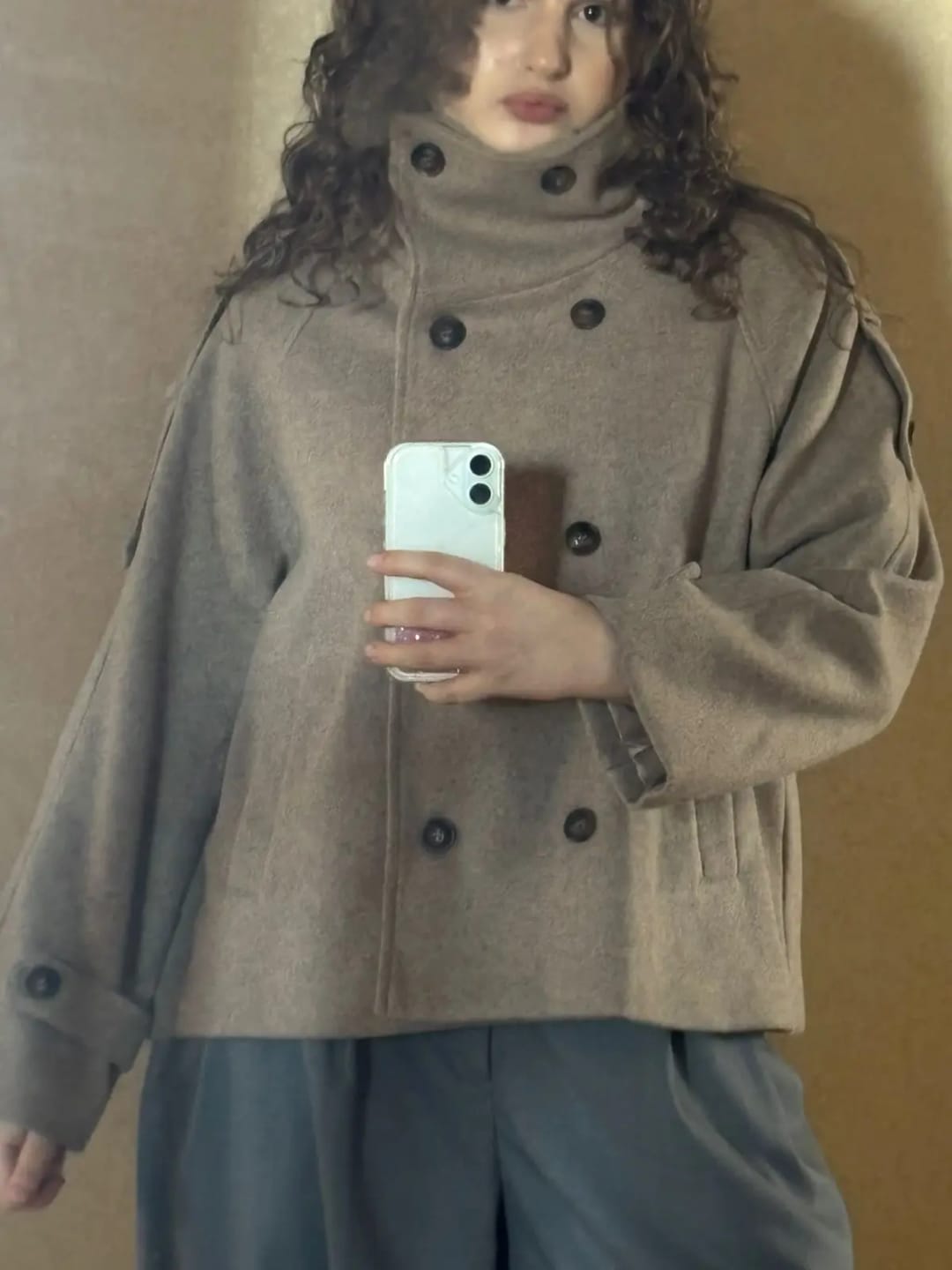 Customer photo review of Julie Suede Stand Collar Oversized Coat