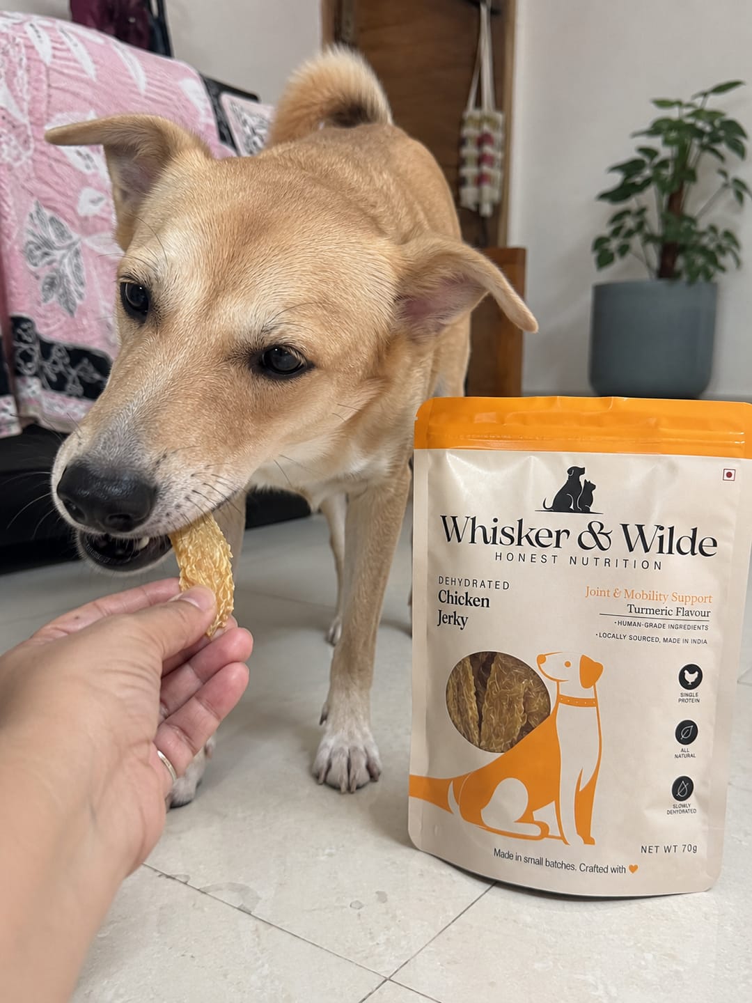 Customer photo review of Dehydrated Chicken Jerky – Turmeric (Dog)