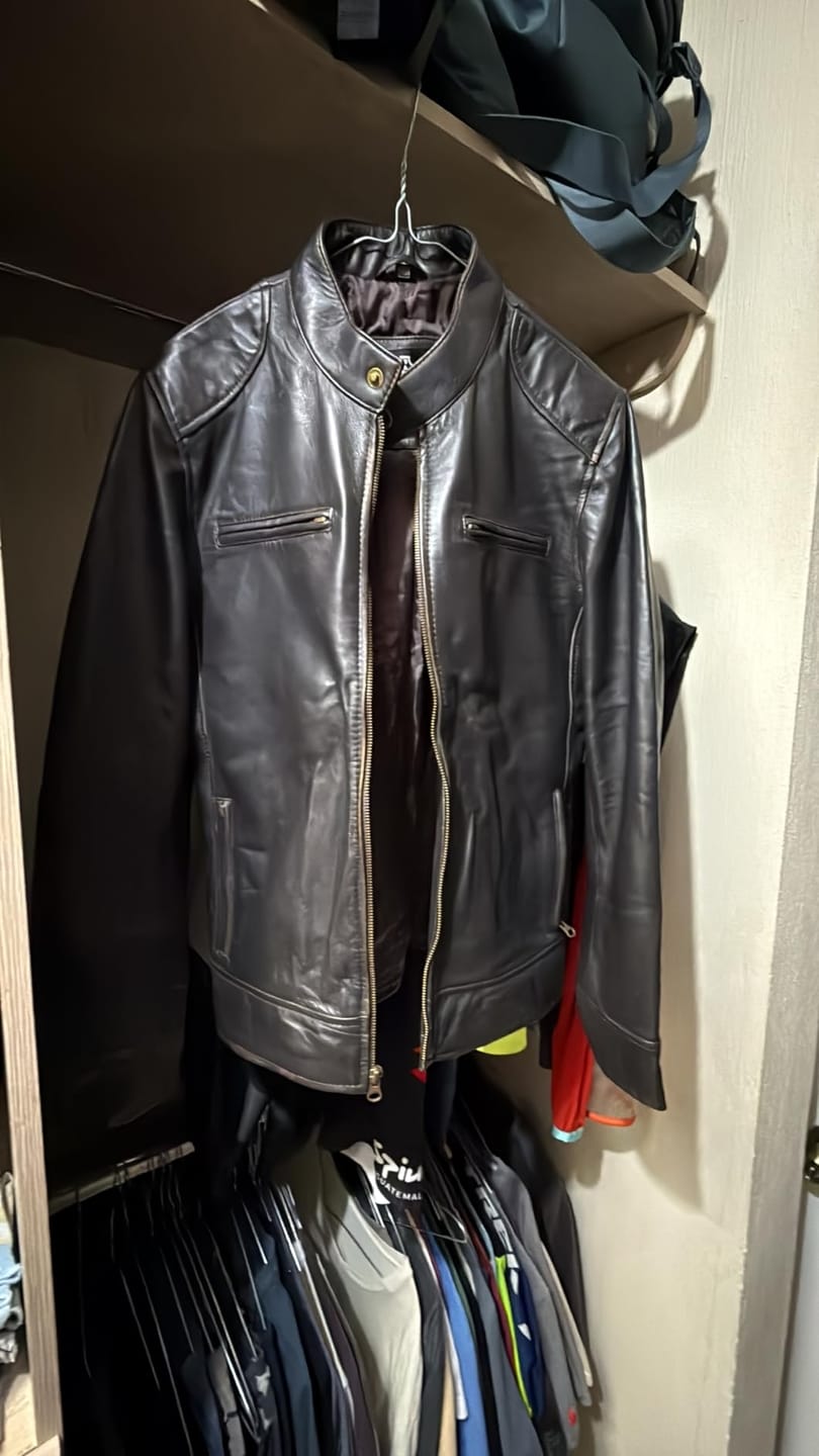Customer photo review of Dodge Men’s Rub Off Dark Brown Leather Jacket | Biker Style