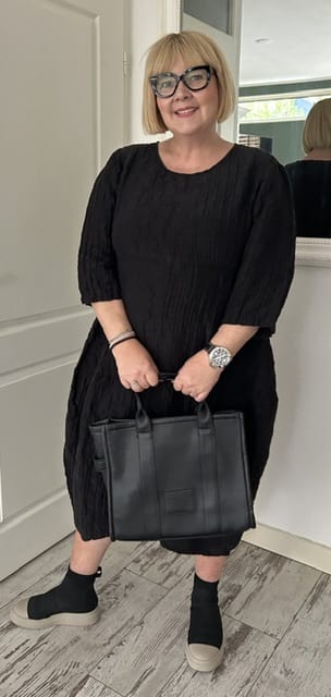 Customer photo review of Balloon Crinkled Black Silk Dress
