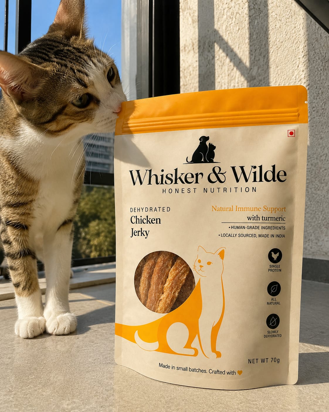 Customer photo review of Dehydrated Chicken Jerky – Turmeric (Cat)