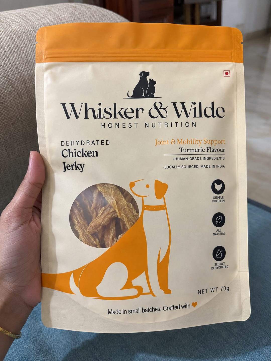 Customer photo review of Dehydrated Chicken Jerky – Turmeric (Dog)