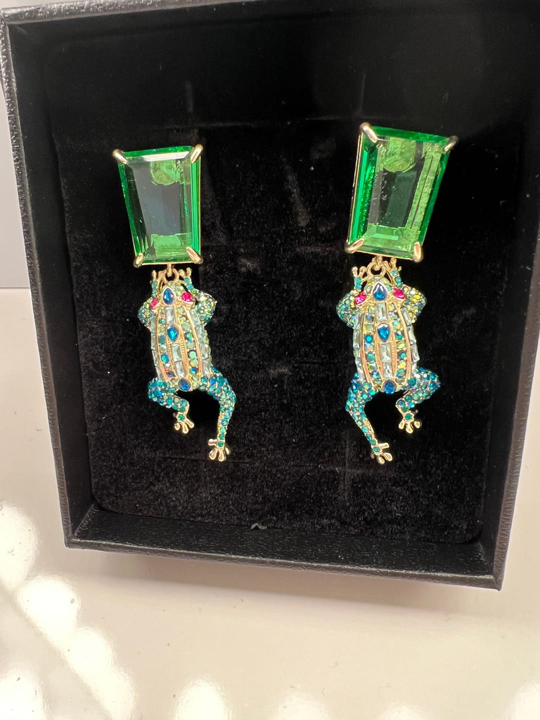 Customer photo review of HEIDI DAUS® "Leap Into Luxury" Frog Drop Earrings