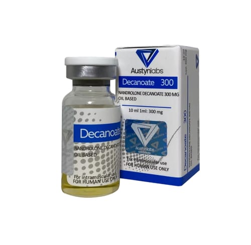 Customer's Deca Durabolin Austyn Labs vial and cardboard packaging box on a white surface.