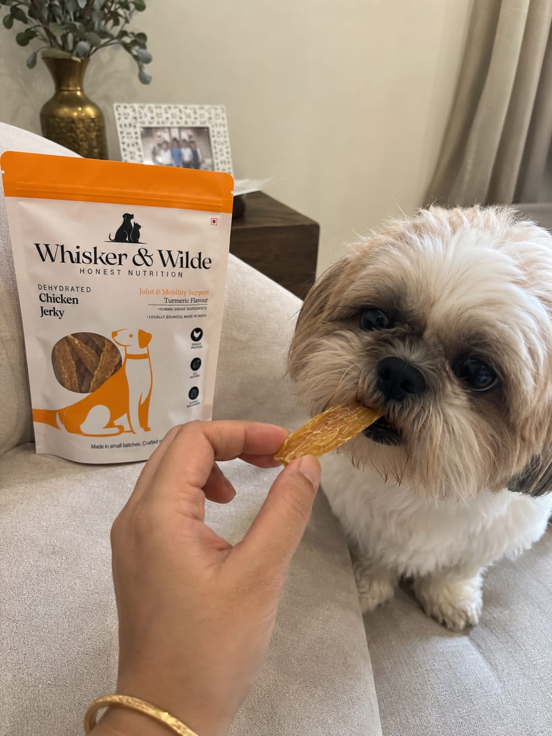 Customer photo review of Dehydrated Chicken Jerky – Turmeric (Dog)