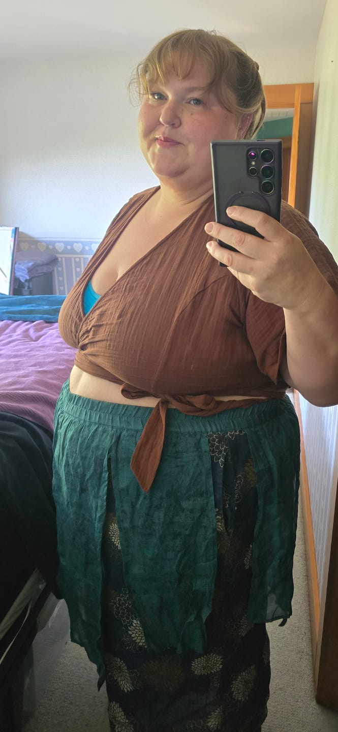 Customer photo review of Plus Size Women Summer Retro Dot Spliced Wide-leg Ramie Pants