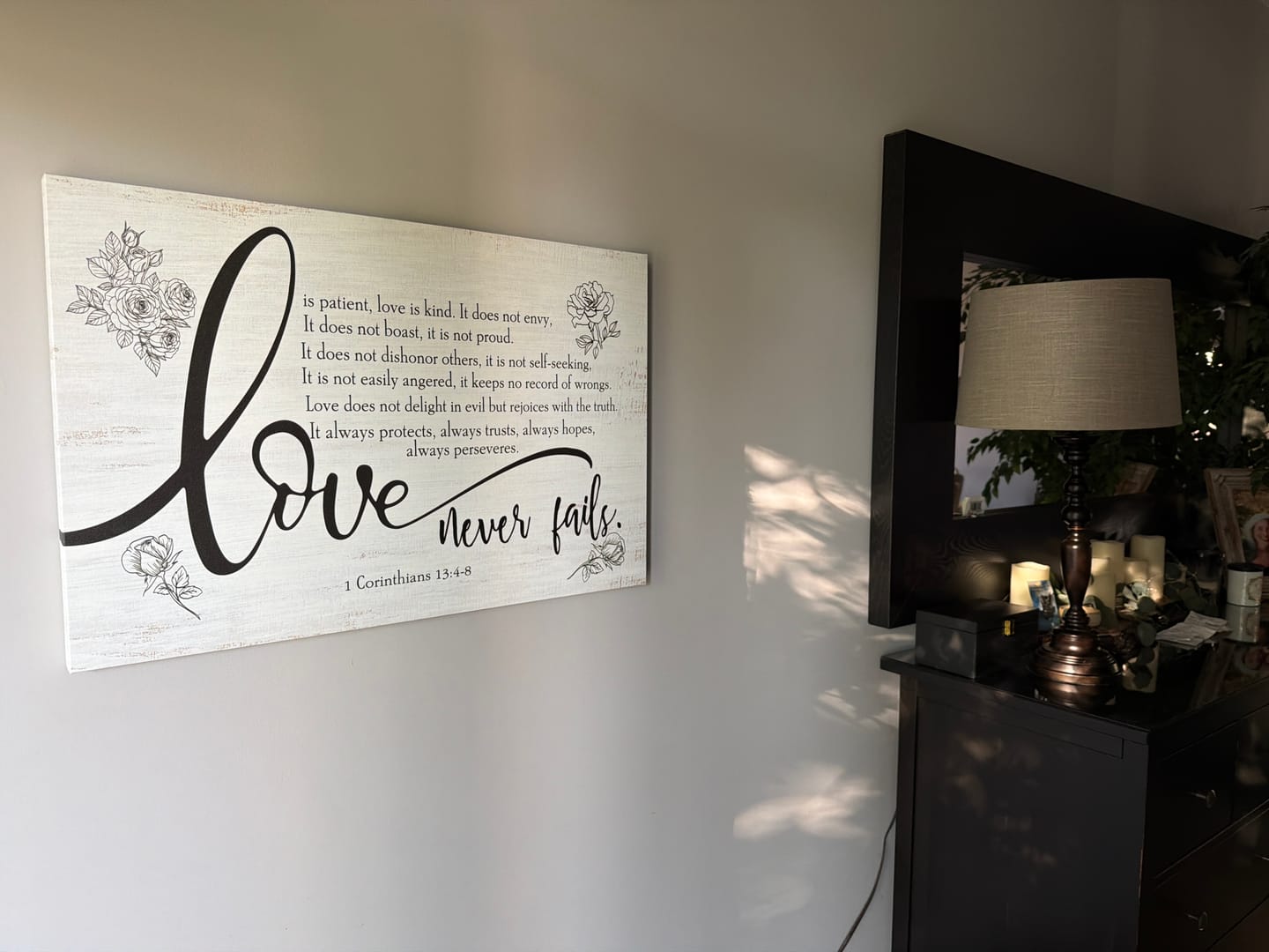Customer photo review of Love Never Fails 1 Corinthians 13:4-8 Wall Art Canvas