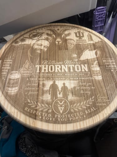 Customer's AtomStack A70 Max laser engraved wooden plaque in memory of William Morris Thornton with detailed imagery.