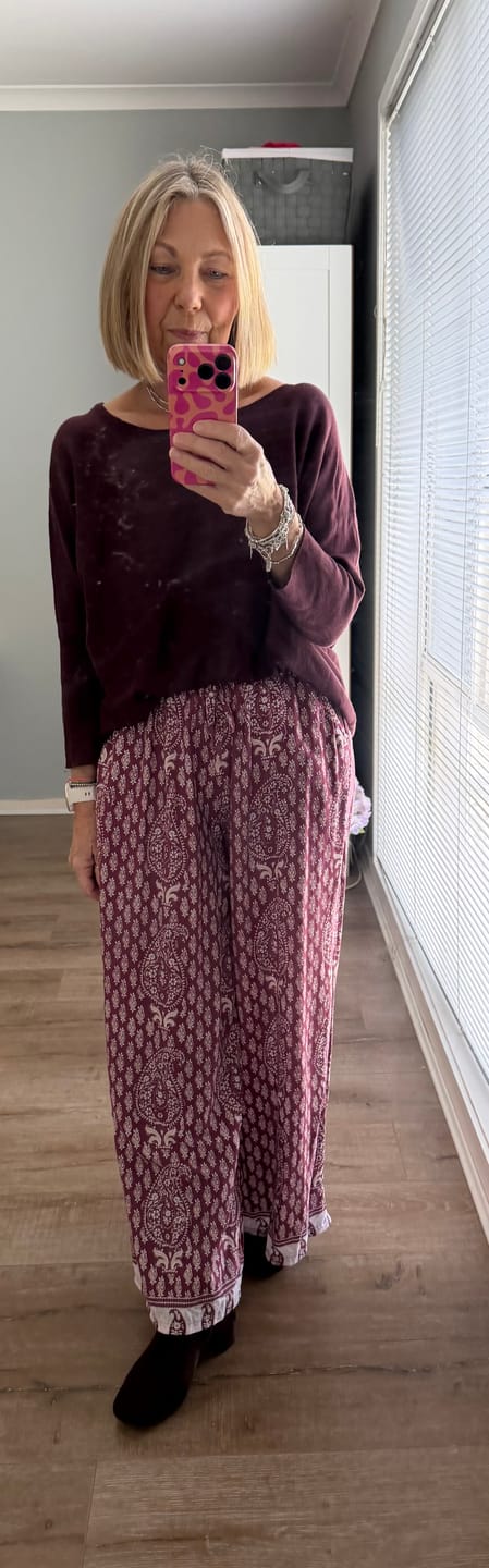 Customer photo review of Balloon Pant | Berry Block Print