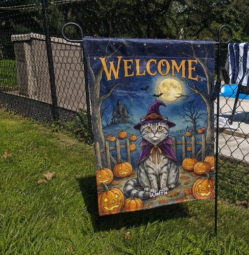 Customer photo review of Vintage Dog Cat Halloween Night Photo Upload - Personalized Garden Flag - Halloween Gift For Dog Mom, Cat Mom