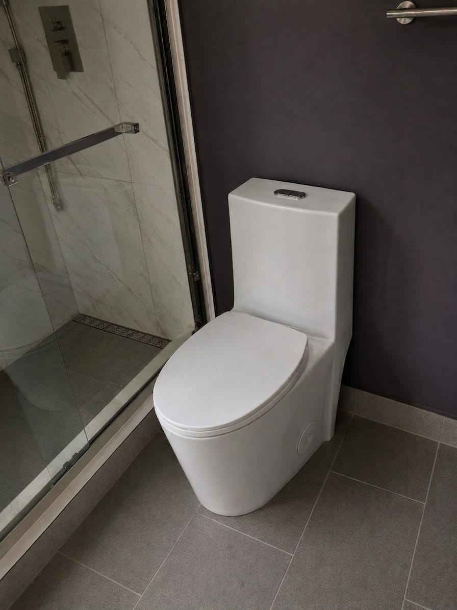 Customer photo review of Gota - Glossy White One-Piece Toilet with Dual Flush & Soft-Close Seat
