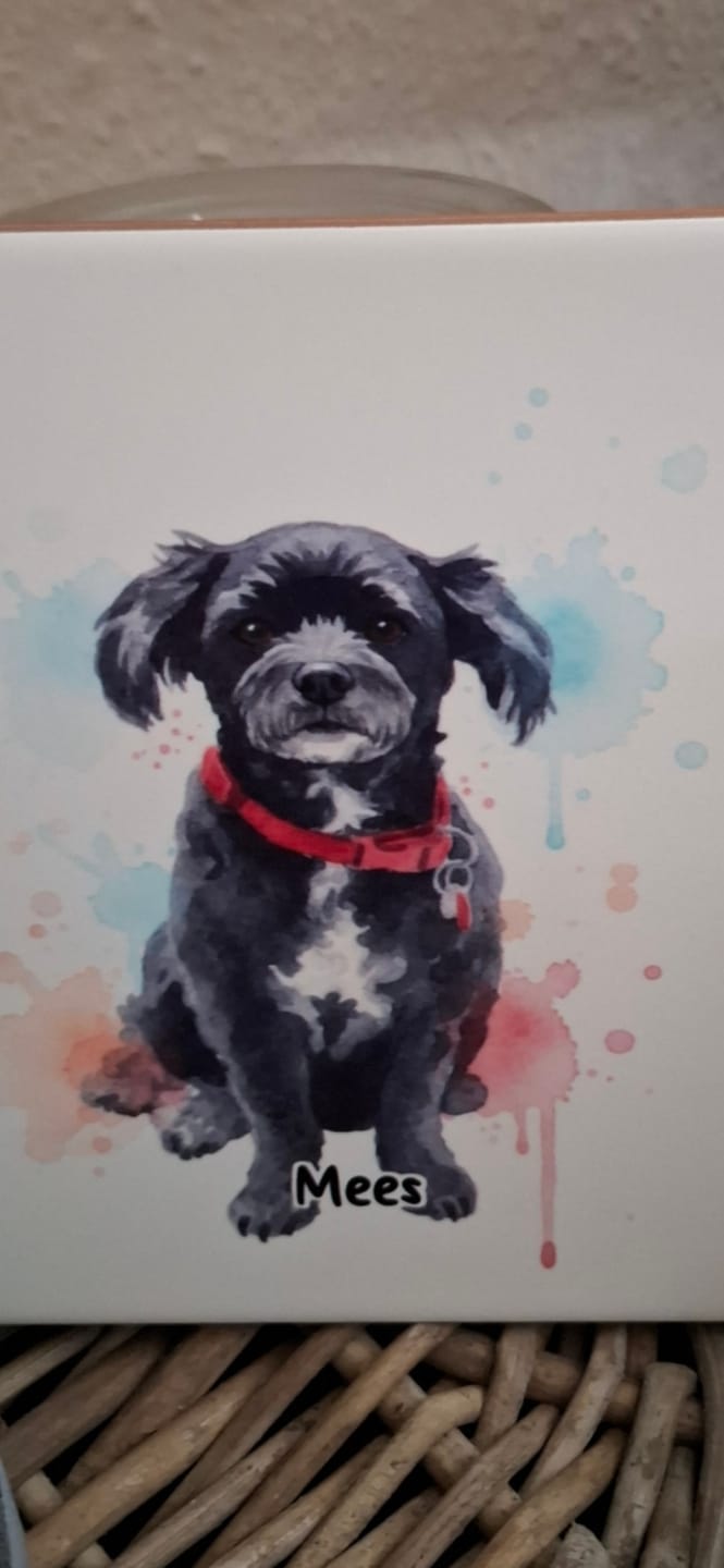 Customer photo review of Tegel met Gepersonaliseerd Huisdier Portret in Aquarelstijl